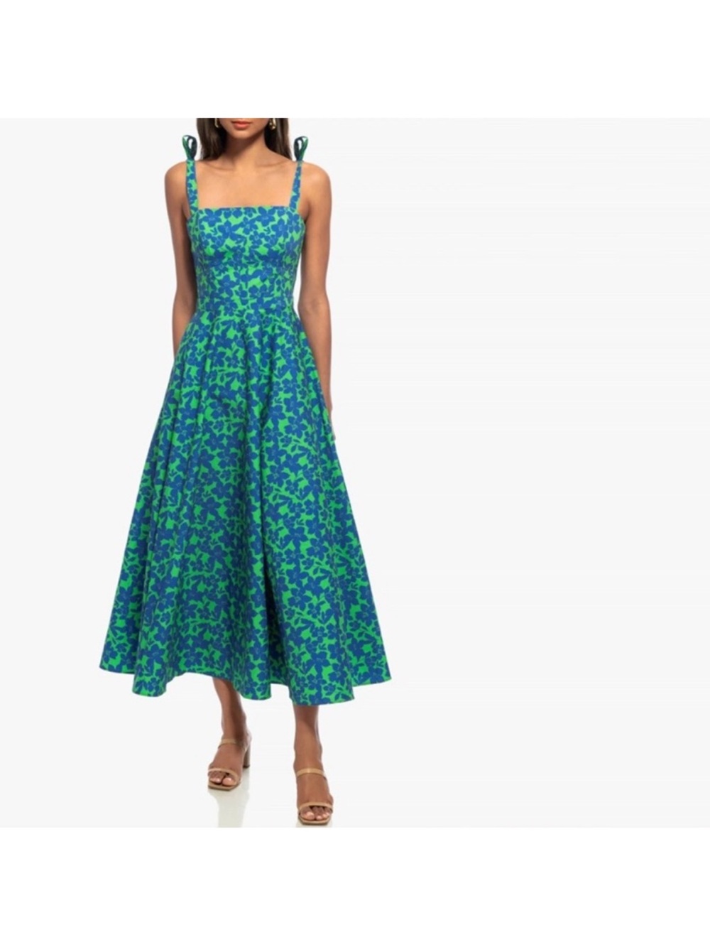 Shoshanna Blue & Green Floral Tie-Strap Midi Dress